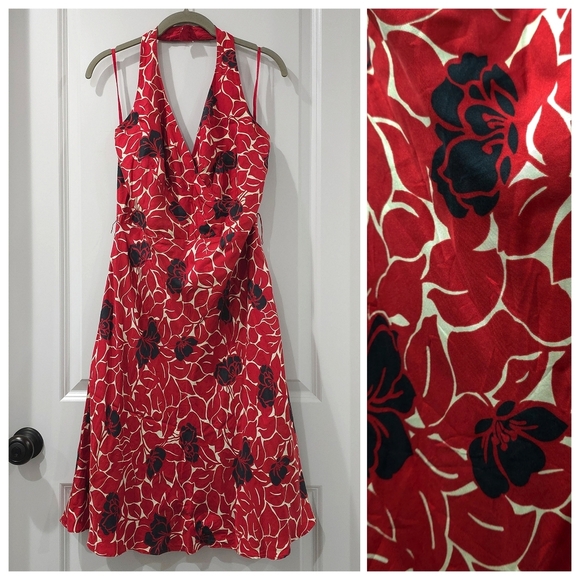 ANN TAYLOR 100% Silk Backless Floral Red Black Halter Dress , Lined, Size 4 - Picture 1 of 16